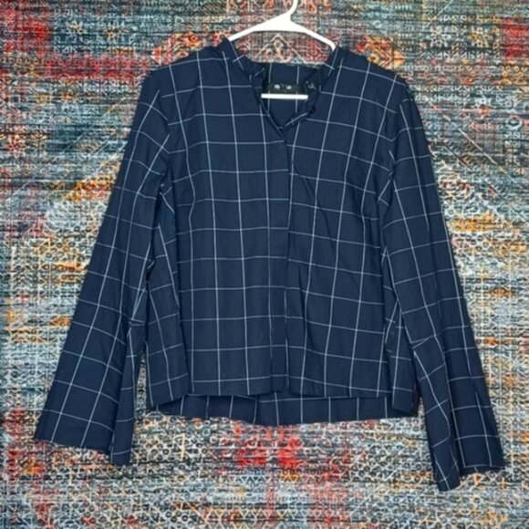 MadeWell womens navy gray Windowpane plaid bell sleeve button top L g0386 - Picture 1 of 5